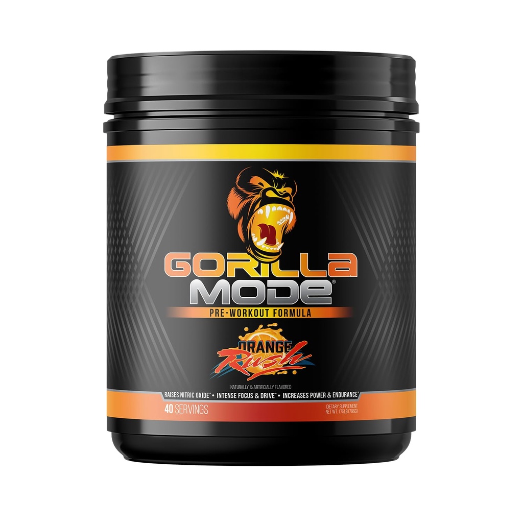 Gorilla Mind Pre Workout - Massive Pumps Laser Focus Energy Power - L-Citrulline, Kretine, L-Tyrosine, Betaine, Hydroprime, Alpha-GPC, 400 mg Caffeine, Huperzine A - 796g (Orange Rush)