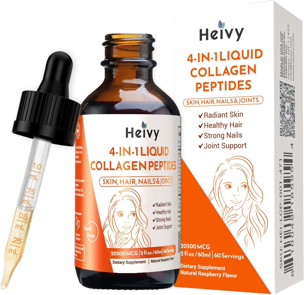 Υγρό κολλαγόνο Heivy για τις γυναίκες, Υγρή Βιοτίνη & Κολλαγόνο για Ραδιενεργό Δέρμα, Hair Growth, Ισχυρά Καρφιά, Κοινή Υποστήριξη, 20500 mcg 4-σε-1 σταγόνες κολλαγόνου, Προηγμένη Απορρόφηση, Βατόμουρο Γεύση - 2 FL OZ