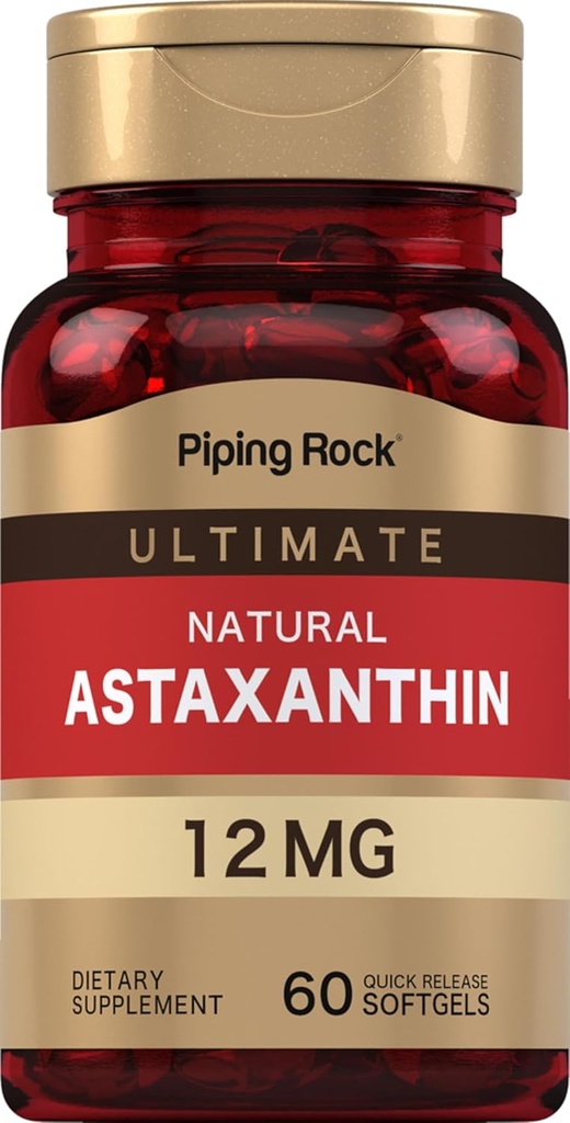 Piping Rock Astaxanthin 12mg | 60 Softgel Capsules | Ekstraksiyon Tamam | Gluten Free, Non-GMO