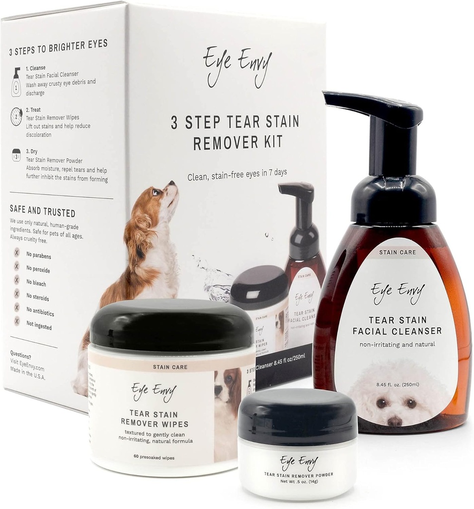Eye Envy 3 Step Tear Stain Donr Kit for Dogs | Clean, Stain-Free Eyes in 7 Days | Contains: Cleanser 8.45 fl.oz, Wipes 60 Count and Toz 0,5oz | Non-irritating and Natural Natural Natural