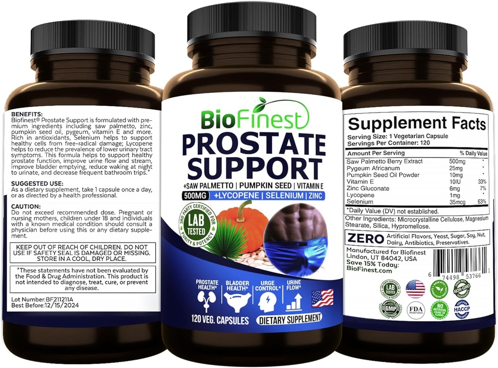 Erkekler için BioFinest Prostate Support - Saw Palmetto Lycopene Kabak Tohumu Pygeum çinko Selenium - Sağlıklı Urine Flow Bladder Prostate Vitamin Supplement - ABD'de (120 Veg. Capsule)