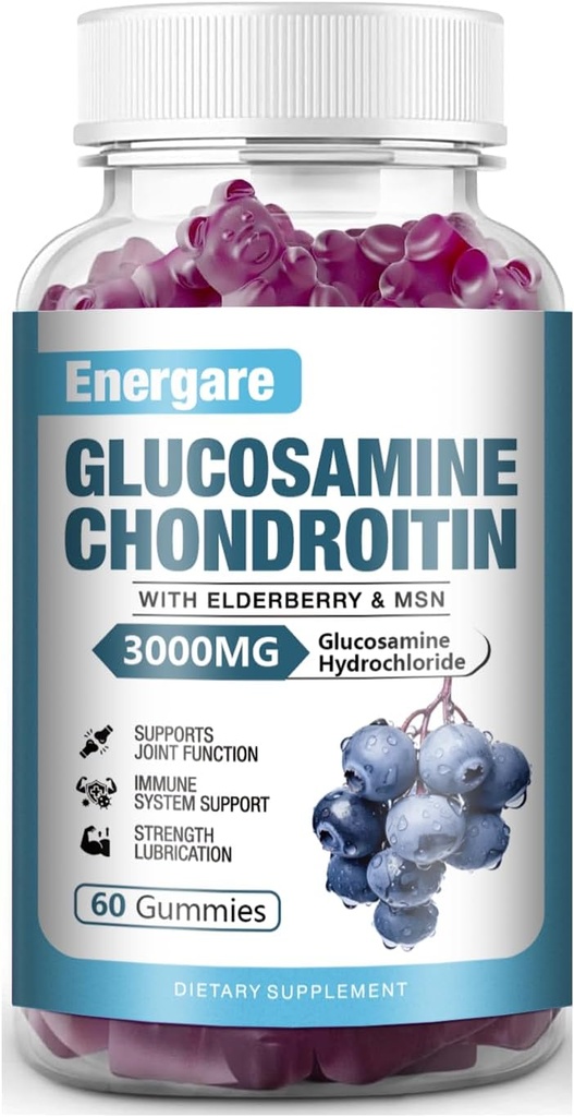 1 Συσκευασία 3000mg Γλυκοζαμίνη Χονδροϊτίνη με MSM Gummies & Elderberry, Extra Strength Joint Support Health, Flexibility, Antioxidant, ανοσοποιητικό συμπλήρωμα Gummy for Adults, Men & Women 60 Counts