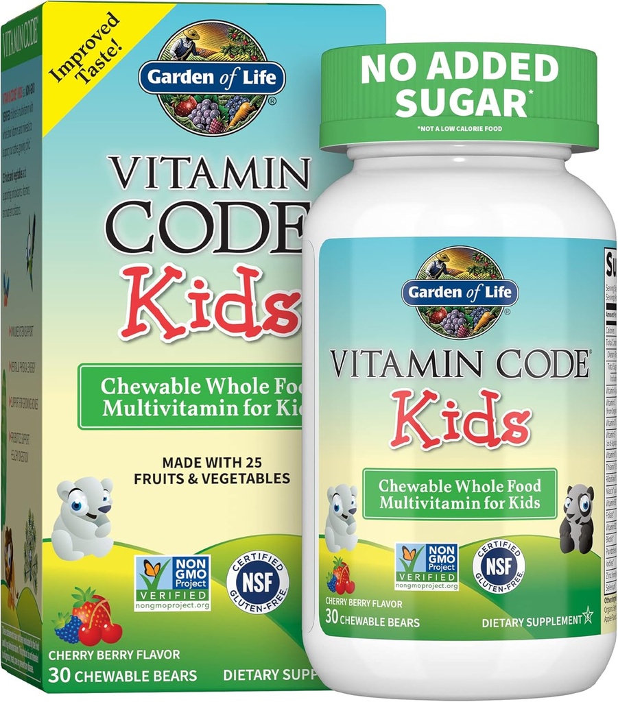 Life Vegetarian Multivitamin Supplement for Kids - Vitamin Code Kids Chewable Raw Whole Food Vitamin with Probiyotiks, 30 Chewable Bears