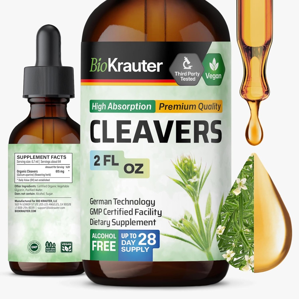 BIO KRAUTER Cleavers Tincture - Cleavers Herb Sıvı Ekstraksiyon - Doğal Detox - Alkol ve Şeker Ücretsiz - Vegan 2 Fl.Oz.