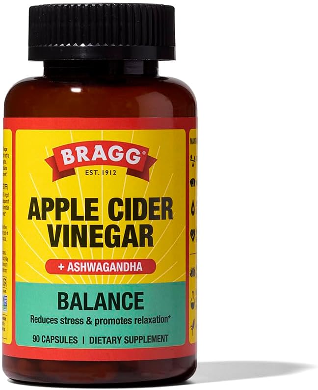 Bragg Daily Balance Apple Cider Vinegar ve Sensöril Ashwagandha Capsules - 750 mg of Acetic Acid - Energy & Kilo Management Support - (90 Pills)