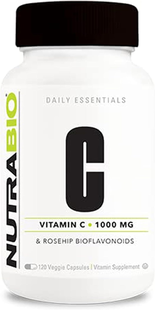 NutraBio Vitamin C ile Rose HIPS - Sağlıklı Kemikler, Dişler ve Gums, Immune Function - No Fillers veya Excipients - (120 Capsules, 1000 mg of C per Capsule)