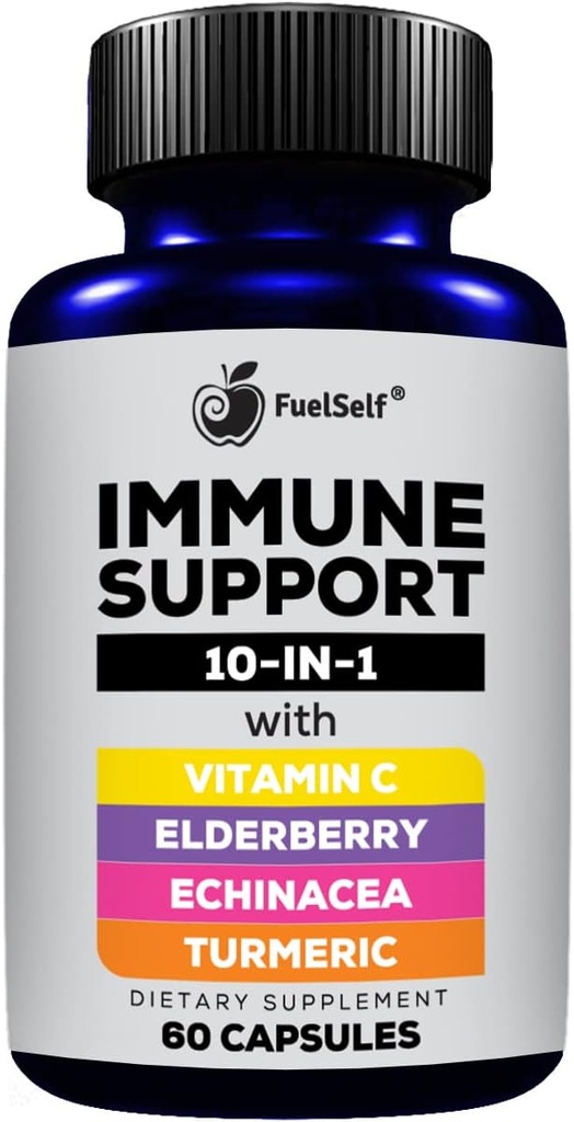 Immune Support Booster Supplement with Elderberry, Vitamin C, Echinacea, Turmeric Curcuminoids, Vitamin E, Vitamin B6, Zinc, L-Glutamine HCL, Garlic, Lactobacillus Acidophilus :: 60 Count, 1 Pack