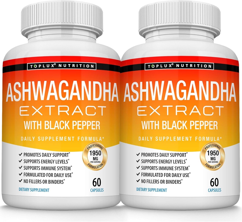 Organik Ashwagandha Kök Toz Pills 1950 Mg with Black Pepper Extract - Pure Natural Ashwagandha Supplement, Support Energy, for Men Women, 60 Capsules