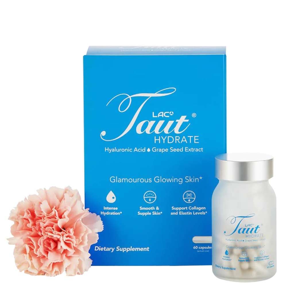 Taut Hydrate Hyaluronic Acid Supplement – 120mg Vegan Capses with Grape Seed Extract - Deep Skin Hydration, Smooth Wrinkles & Glow Support - Collagen & Anti-Ageing Supplement for Women & Men– 60 Caps