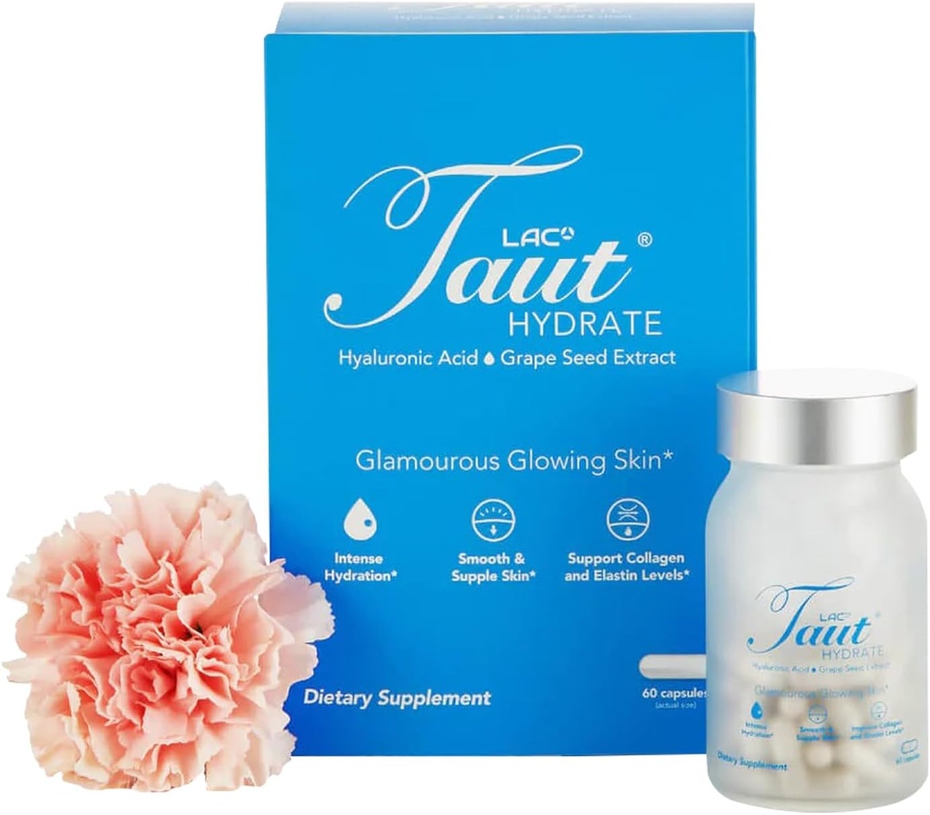 Taut Hydrate Hyaluronic Acid Supplement – 120mg Vegan Capses with Grape Seed Extract - Deep Skin Hydration, Smooth Wrinkles & Glow Support - Collagen & Anti-Ageing Supplement for Women & Men– 60 Caps