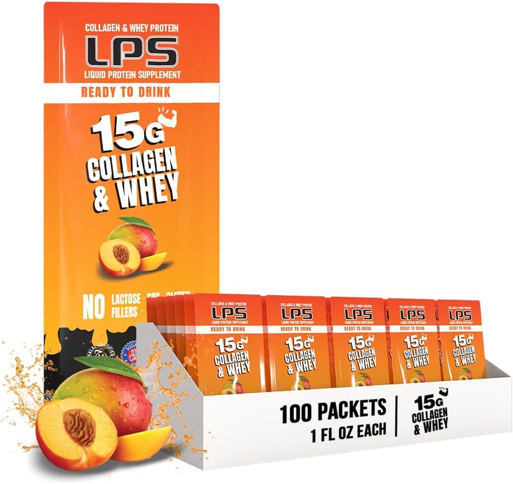 Διατροφικά Σχέδια LPS Liquid Collagen & Whey Protein Supplement - Μη-GMO Drink, Sugar-Free - Προάγει το υγιές δέρμα & τα μαλλιά για άνδρες & γυναίκες, Ροδάκινο Mango, Single Served (100 πακέτα)