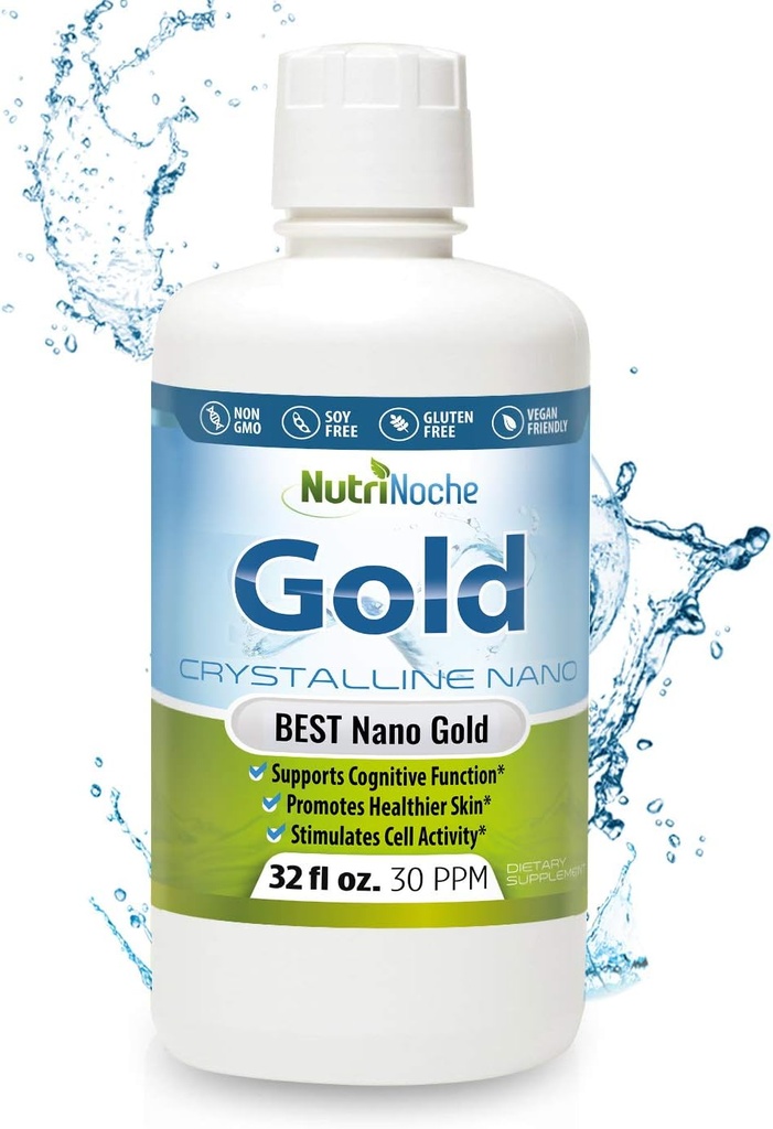 Colloidal Gold Liquid Organic Supplement by Nutrinoche - 100% Pure Nano Gold Mineral - Ruh Clarity, Focus & Relaxation - 32 oz Şişe - Vegan, Gluten-Free - Kristalline- 30 ppm