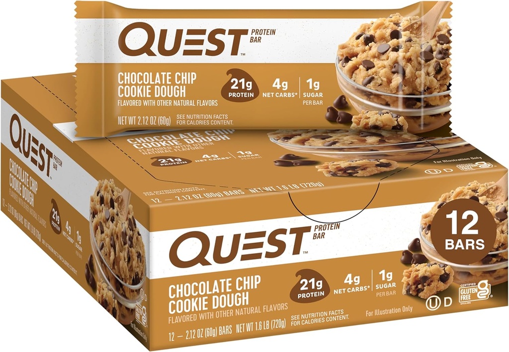 Quest Nutrition Chip Dough Cookie Protein Bars, 21g Protein, 1g Sugar, 4g Net Carb, Χωρίς γλουτένη, Keto Friendy, 12 Count