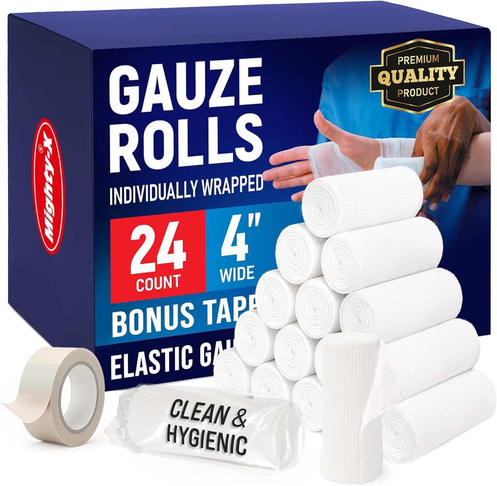 Gauze Rolls - 24 Pack - 4" x 4.1yd Breathable Rolled Gauze - Bireysel olarak Bonus Bant ile yuvarlandı - İlk Yardım Yaralar için Çarpışma - Mummy b