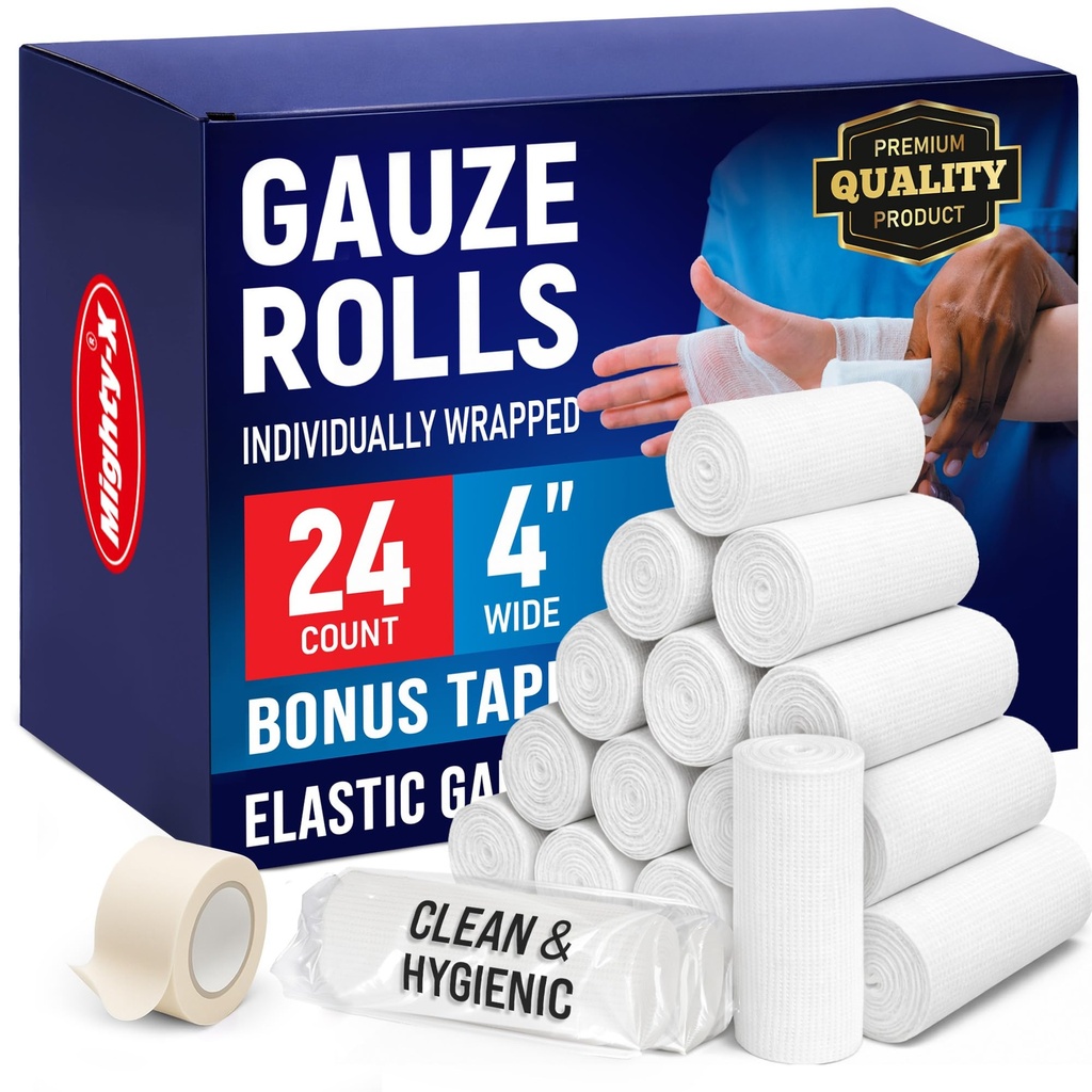 Gauze Rolls - 24 Pack - 4" x 4.1yd Breathable Rolled Gauze - Bireysel olarak Bonus Bant ile yuvarlandı - İlk Yardım Yaralar için Çarpışma - Mummy b