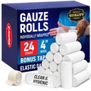 Gauze Rolls - 24 Pack - 4" x 4.1yd Breathable Rolled Gauze - Bireysel olarak Bonus Bant ile yuvarlandı - İlk Yardım Yaralar için Çarpışma - Mummy b
