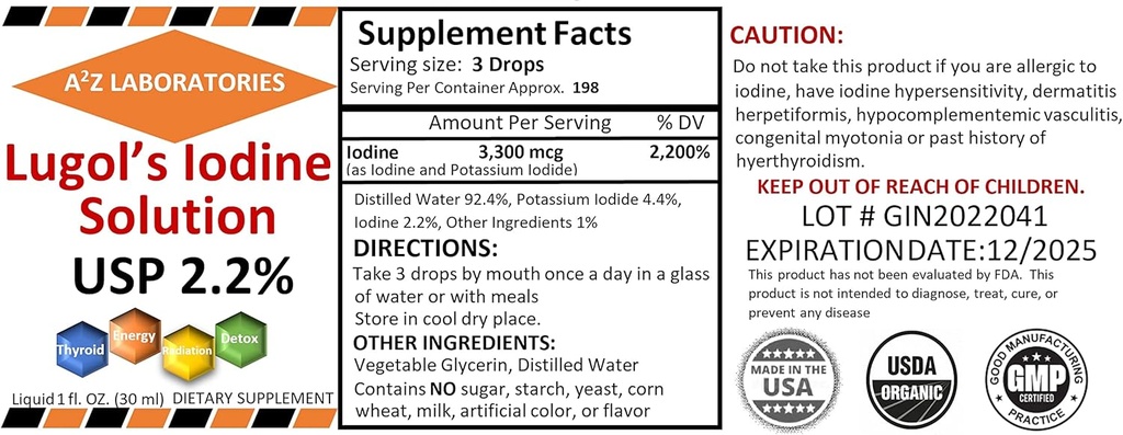 Generic A2Z Organic Lugol's Iodine and Potassium Iodide 2.0% Solution, 1 Fl Oz - Σταγόνες υγρού συμπληρώματος για υποστήριξη θυρεοειδούς, Detox, Μεταβολισμός, Made in USA