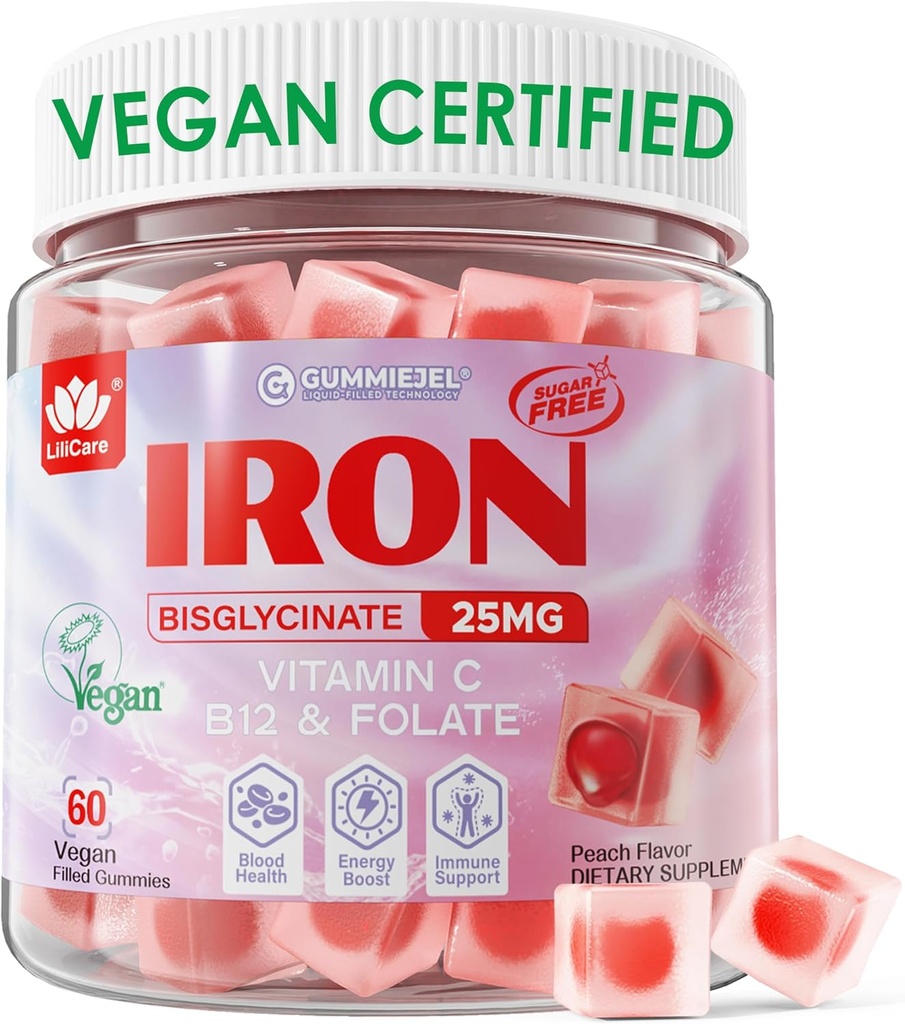 25 mg Plus Vitamin C, Beet Root, Vitamin B12, Iron Deficiency, Anemia, Energy Boost, Sugar Free Iron Supplement, Non-Constipating, No After Taste, 60 Cts