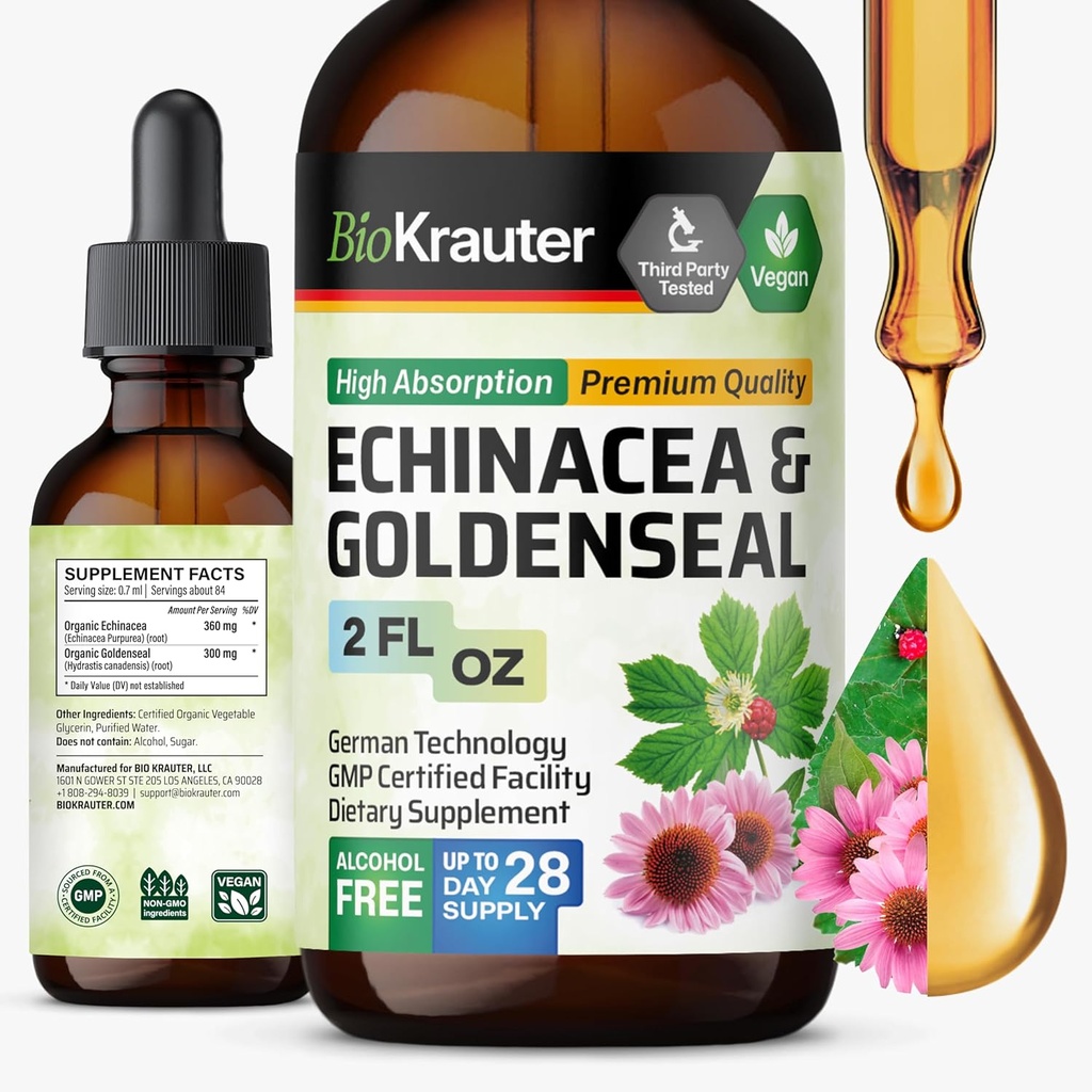 BIO KRAUTER Echinacea και Goldenseal Root Liquid Extract - Φυσική Ανοσολογική Υποστήριξη - Echinacea Drops with Goldenseal - Vegan, Αλκοόλ & Ζάχαρη Free Tincture - 2 Fl.Oz.