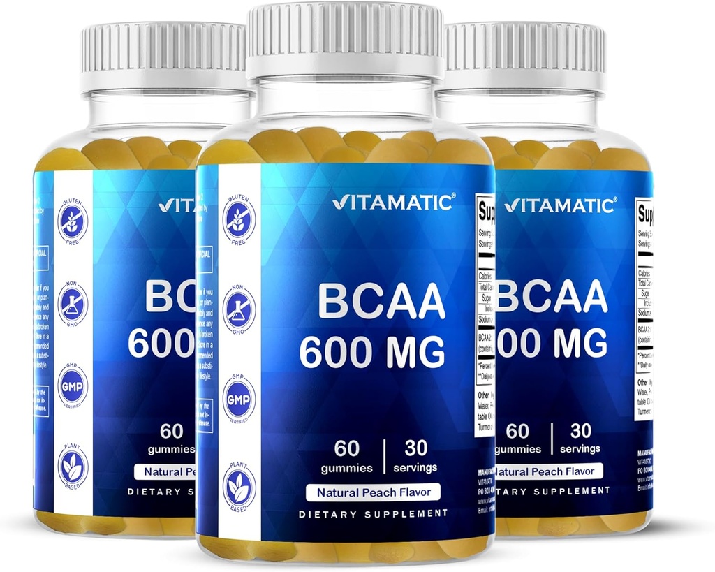 Vitamatic BCAA Gummies - Κλάδος Αλυσίδα Amino Acid Συμπληρώματα - Ροδάκινο Γεύση - 600mg ανά Σερβίρισμα - 60 Vegan Pectin Based Gummies (3 μπουκάλια)