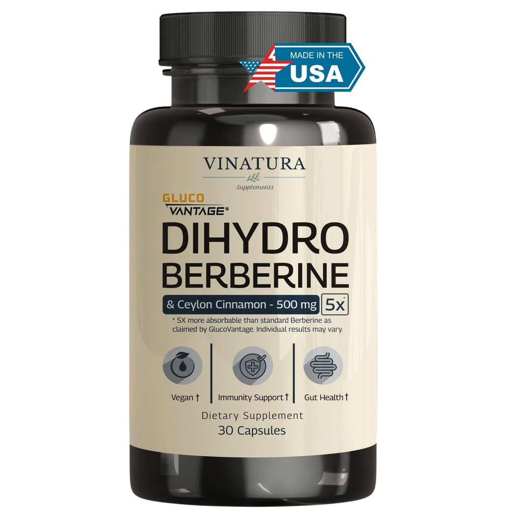 VINATURA Dihydroberberine Supplement with Ceylon Cinnamon, 500mg - (Patented GlucoVantage Super Berberine), Ίσως Berberine 5X Πιο απορροφήσιμο - 30 Κάψουλες