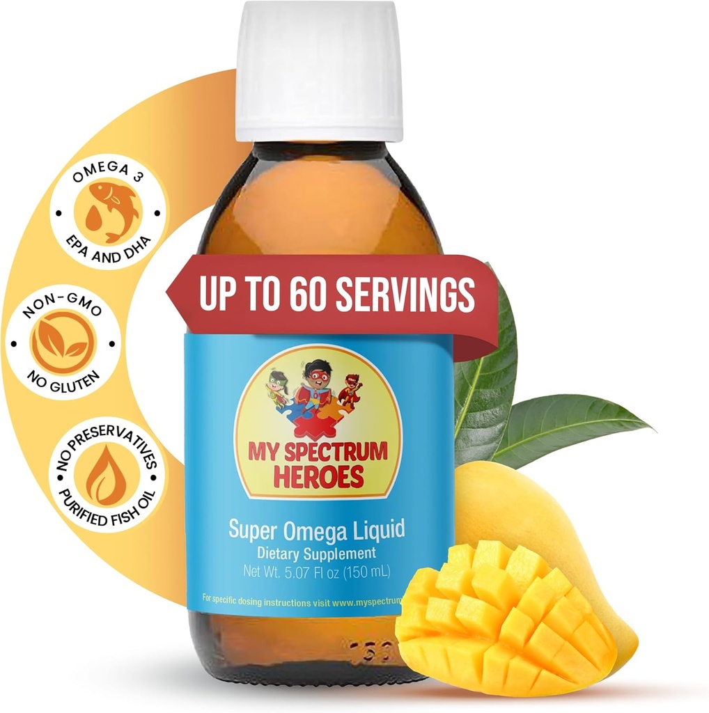My Spectrum Heroes Fish Oil Supplement for Children - Omega 3 for Neural Assistance, Inflammation & Immune Aid - EPA & DHA for Brain & Eye Health - Kids & Adult Liquid Supplement - 507oz (150 ml)