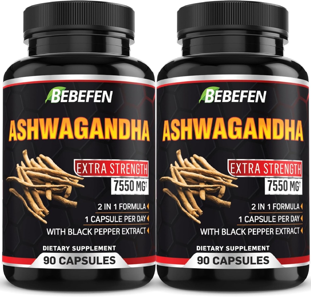 BEBEFEN Ashwagandha Capsules - 7550 mg Formula Pills with Black Pepper Extract - 90 Capsules Ashwagandha Supplement for Energy Support - 3 Moon Supply (Pack of 2)