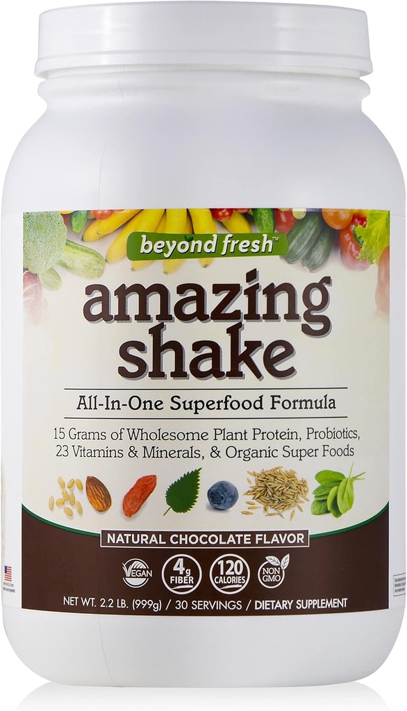 Fresh Amazing Shake, Superfood Formula, Plant Protein Temel, Low Net Karbs, Wholefood proteini, Meal Change, Natural Chocolate Flavor, 999 Grams, White