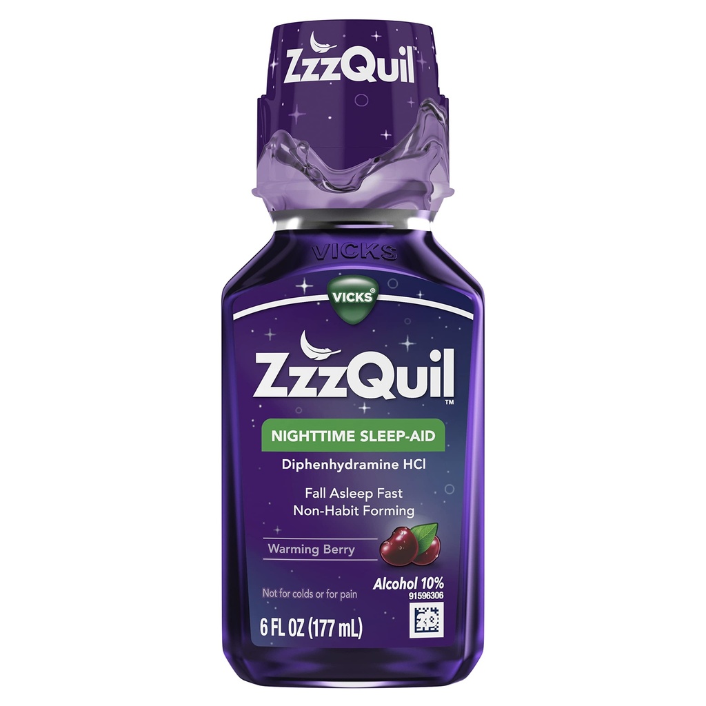 ZzzQuil, Nighttime Sleep Aid Liquid, 50 mg Diphenhydramine HCl, No. 1 Sleep Aid Brand, Fall Asleep Fast, Non-Habit Forming, Ζεστό άρωμα μούρου, 6 FL OZ