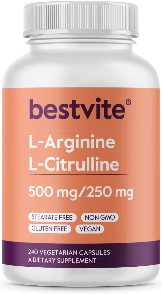 BESTVITE L-Arginine L-Citrulline 500 mg / 250mg Vegan (240 Vejetaryen Capsules) - No Stearates - No Dicalcium Phosphate - Non GMO - Gluten Free