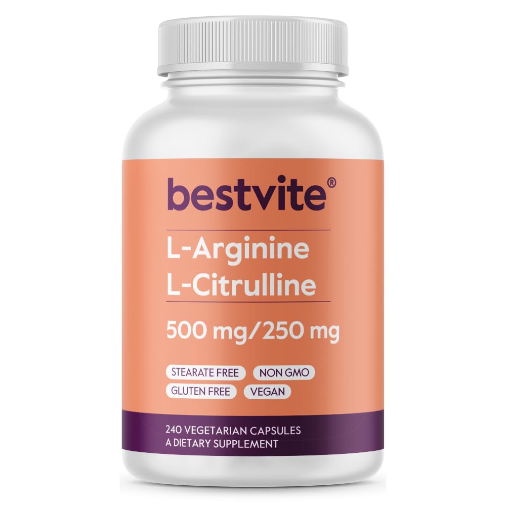 BESTVITE L-Arginine L-Citrulline 500 mg / 250mg Vegan (240 Vejetaryen Capsules) - No Stearates - No Dicalcium Phosphate - Non GMO - Gluten Free