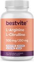 BESTVITE L-Arginine L-Citrulline 500 mg / 250mg Vegan (240 Vejetaryen Capsules) - No Stearates - No Dicalcium Phosphate - Non GMO - Gluten Free