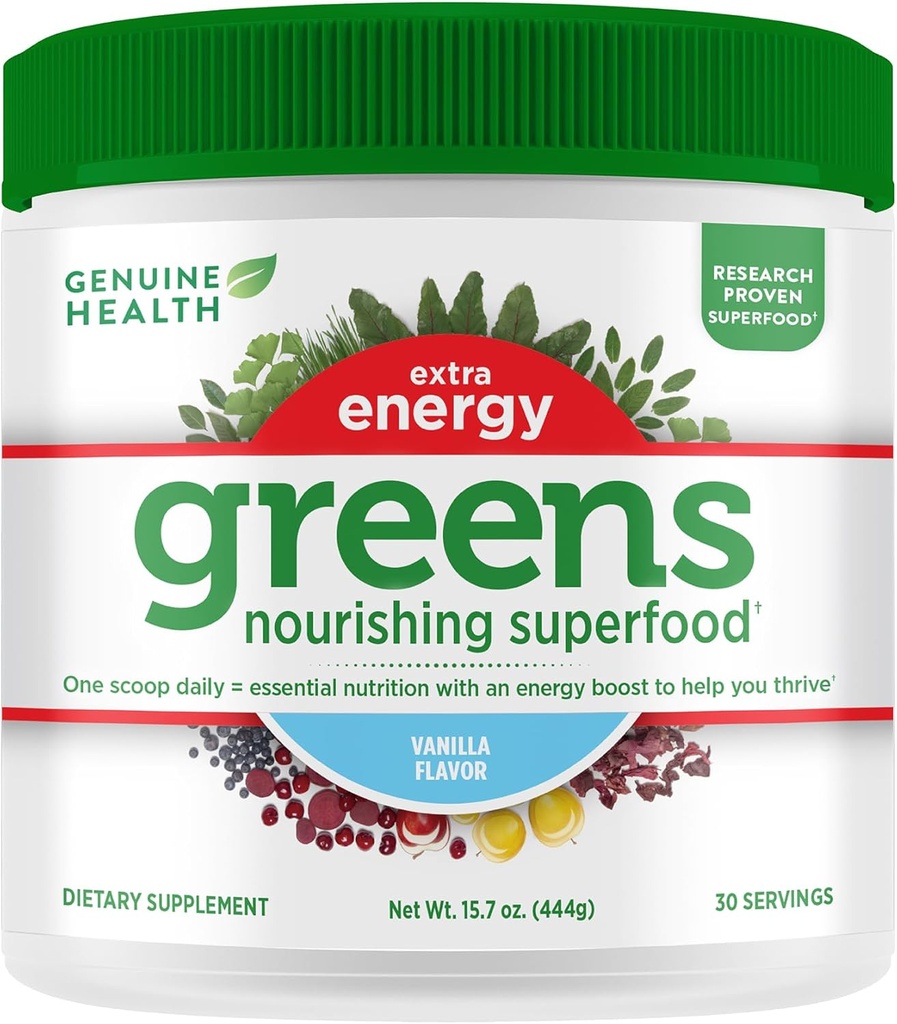Gerçek Sağlık Yeşilleri + Ekstra Enerji Superfood Toz, Immediate Energy Boost & Supports Gut Health, Vanilla Flavoured, 30 Servisler