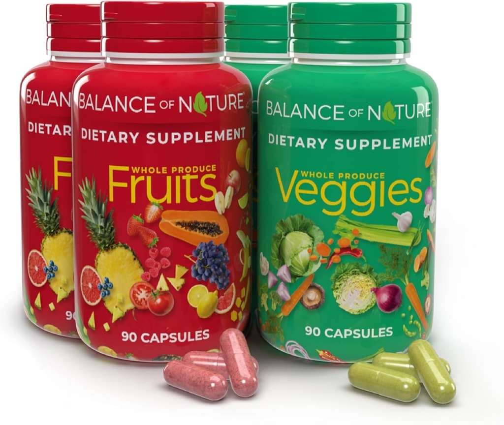Balance of Nature Fruits & Veggies Συμπληρώματα - Ολόκληρα φρούτα και φυτικά συστατικά για γυναίκες, άνδρες και παιδιά - 90 κάψουλες φρούτων, 90 κάψουλες λαχανικών - 2 σετ