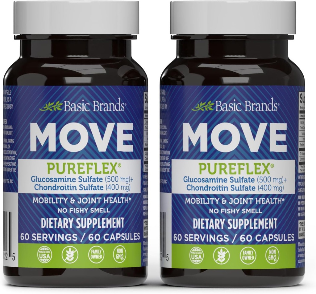 Βασικές Μάρκες - Μετακίνηση Pureflex Glucosamine Chondroitin - Κοινό συμπλήρωμα υποστήριξης για ευελιξία και κινητικότητα - 60 κάψουλες - 2-πακέτο