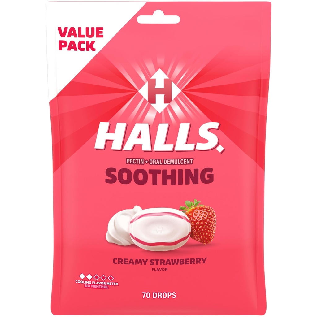 HALLS Throat Soothing (Önceki olarak HALLS Breezers) Kremy Strawberry Throat Drops, Economy Pack, 70 Drops