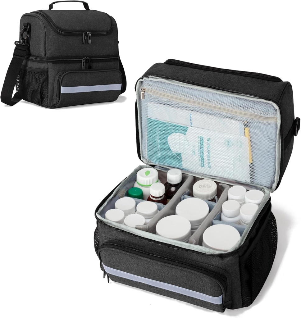 CURMIO Tıp Depolama Bag, Çift Katmanlar Pill Şişe İlaç, Vitaminler, Prescription Şişes, Medical Materials, Black (Patent Design)