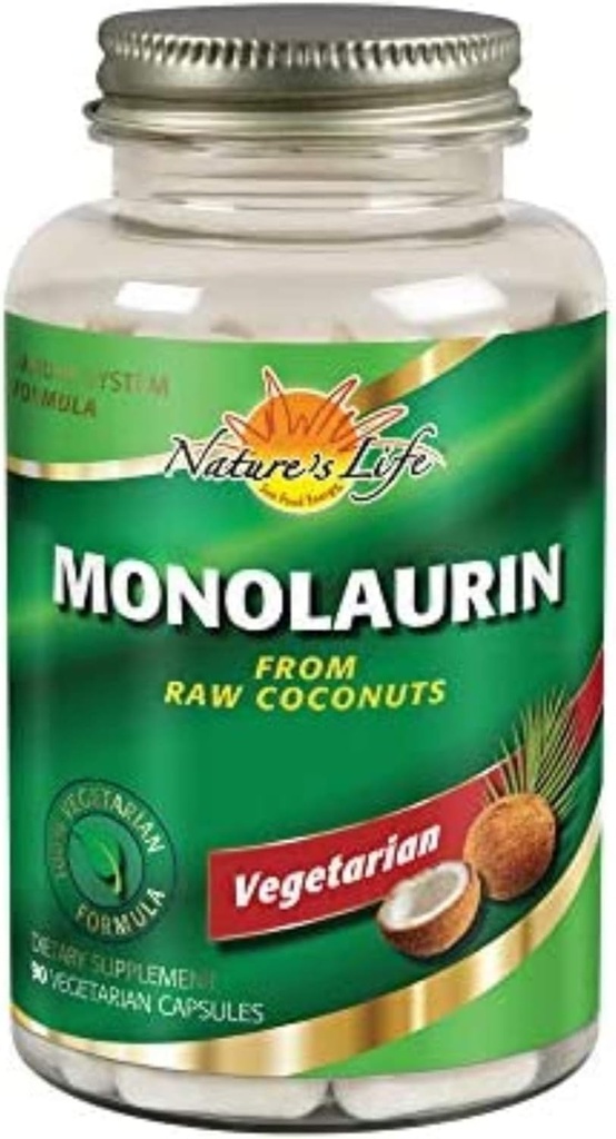 Nature's Life Monolaurin 1000 mg, Nourishing Monolaurin from Natural Raw Coconut, Immune Support Supplement, Gut Health, Balanced Gut Flora, 60 günlük Garanti, 45 Hizmet, 90 Vegetarian Capsules