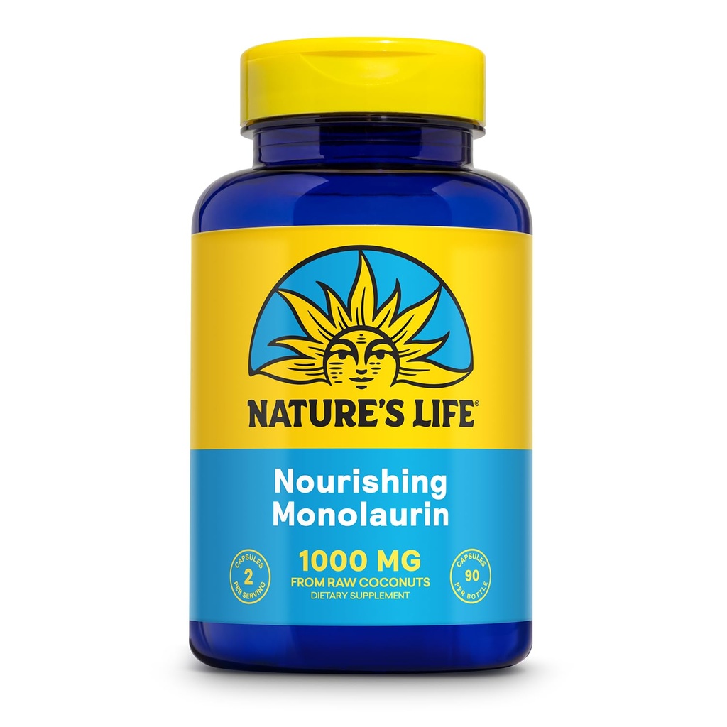 Nature's Life Monolaurin 1000 mg, Nourishing Monolaurin from Natural Raw Coconut, Immune Support Supplement, Gut Health, Balanced Gut Flora, 60- Ημέρες Εγγύηση, 45 Υπηρεσίες, 90 Κάψουλες χορτοφάγων