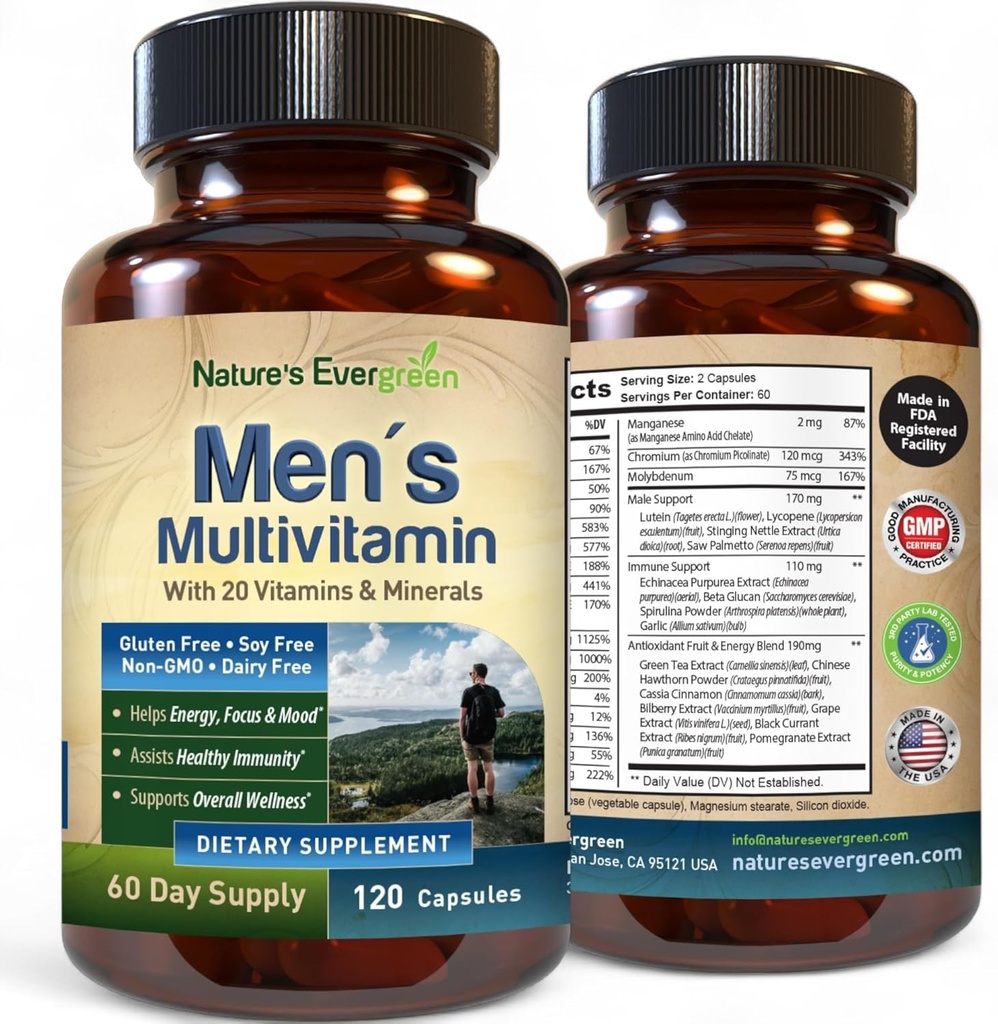 Erkekler için en iyi Multivitamin | Tamamen Erkeklerin Multivitaminleri ve Multimineralleri 20 A, C, D, E, B12, çinko & More Essential Vitamins for Men | Energy, Focus & Immune Health. 120 Capsules