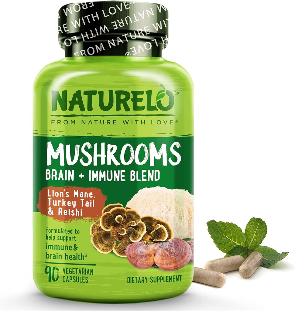 NATURELO Mushroom Supplement Brain & Immune Health Blend with Lion s Mane, Reishi, Turkey Tail 90 Vegan Φιλικές κάψουλες