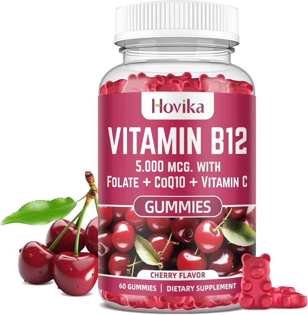 Vitamin B12 Complex 5000 mcg Methyl B12, Adenosyl B12 & Hydroxy B12, με συνένζυμο Q10, Φολικό, Βιταμίνη C, Μασώμενο B 12 για την Ενεργειακή Υποστήριξη, Μεταβολισμός, Υγεία των Οστών - Γεύσεις κερασιού
