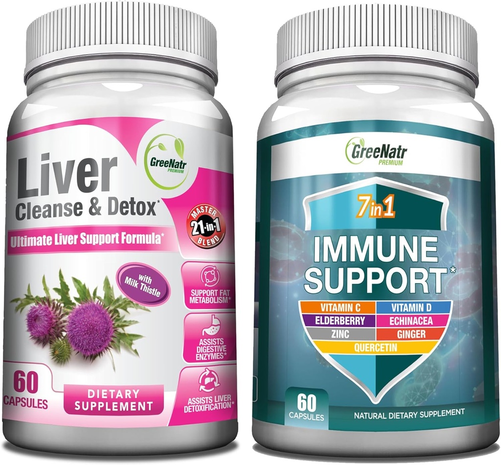 GreeNatr Comprehensive Immune and Liver Health Support Blend - 7-σε-1 Συμπλήρωμα Υποστήριξης Ανοσοποιητικού με Βιταμίνη C, Βιταμίνη D3, Ψευδάργυρο και Liver Cleanse Detox & Repair Formula