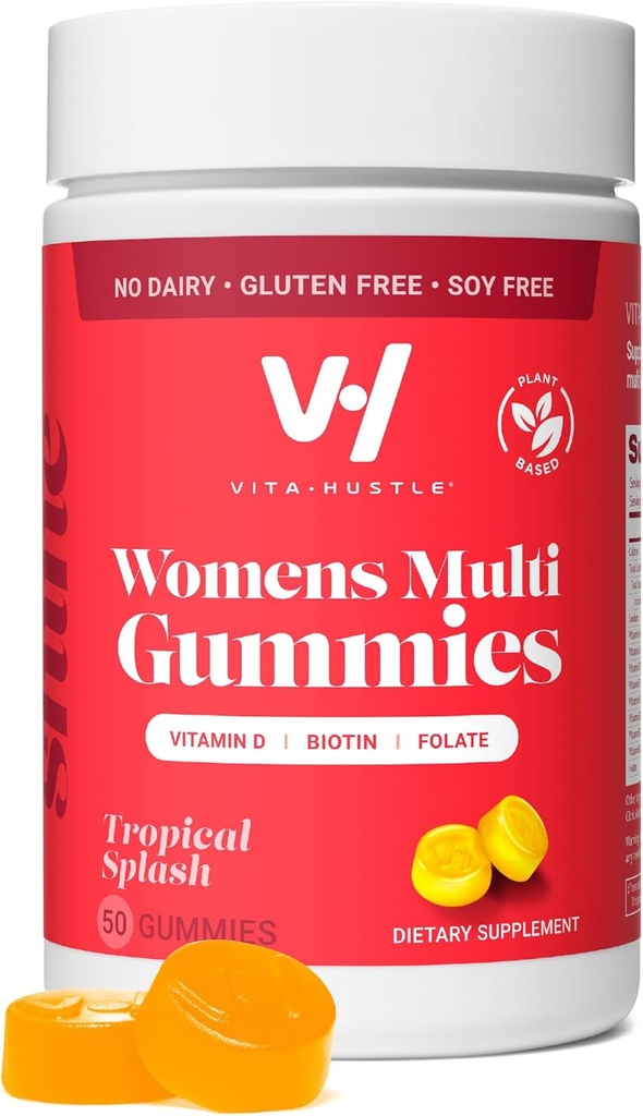 VitaHustle Womens Multivitamin Gummies, Vegan, Biotin, Folate, Kadın Sağlığı, Saç, Skin & Nails, Low Sugar, Non GMO, Tropikal Cadde, 50 Kont
