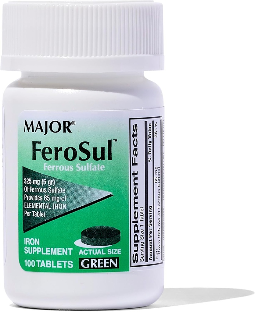 Major Ferosul - Σιδήρου Sulfate 325mg δισκία με 65mg στοιχειώδους σιδήρου - Συμπλήρωμα σιδήρου για γυναίκες, άνδρες - πράσινο - 100 κόμης