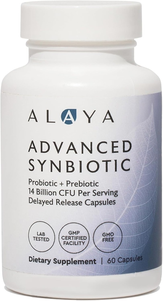 Alaya Naturals Advanced Synbiotic - Probiotic + Prebiotic - 14 Billion CFU Delayed Release Probiotic Supplement with Prebiotics from Sunfiber®, and L-glutamine for Gut Lining Integrity - 60 Κάψουλες