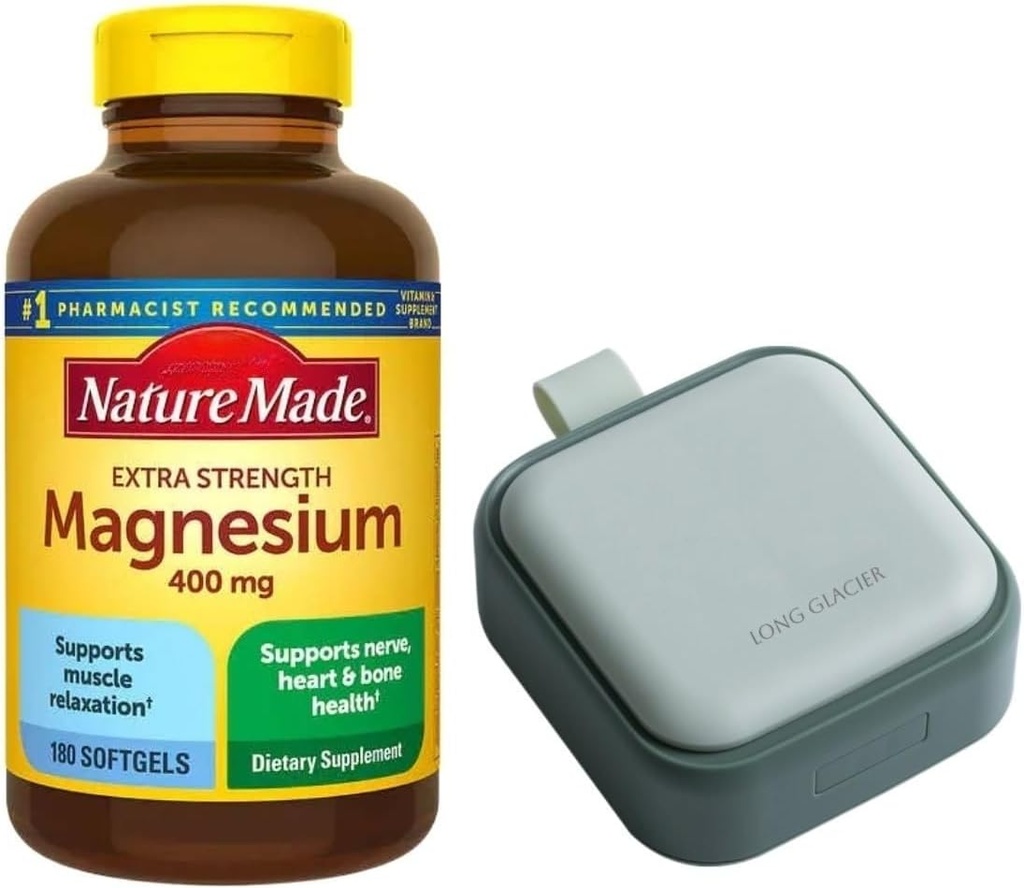 Nature Mades Magnezyum 400 mg Extra Strength 180 Softgels, 180 Supply Days | Supports Muscle Relaxation, Nerve, Bone and Heart Health | Bunde with LONG GLACIER Pill Oragnizer, Green