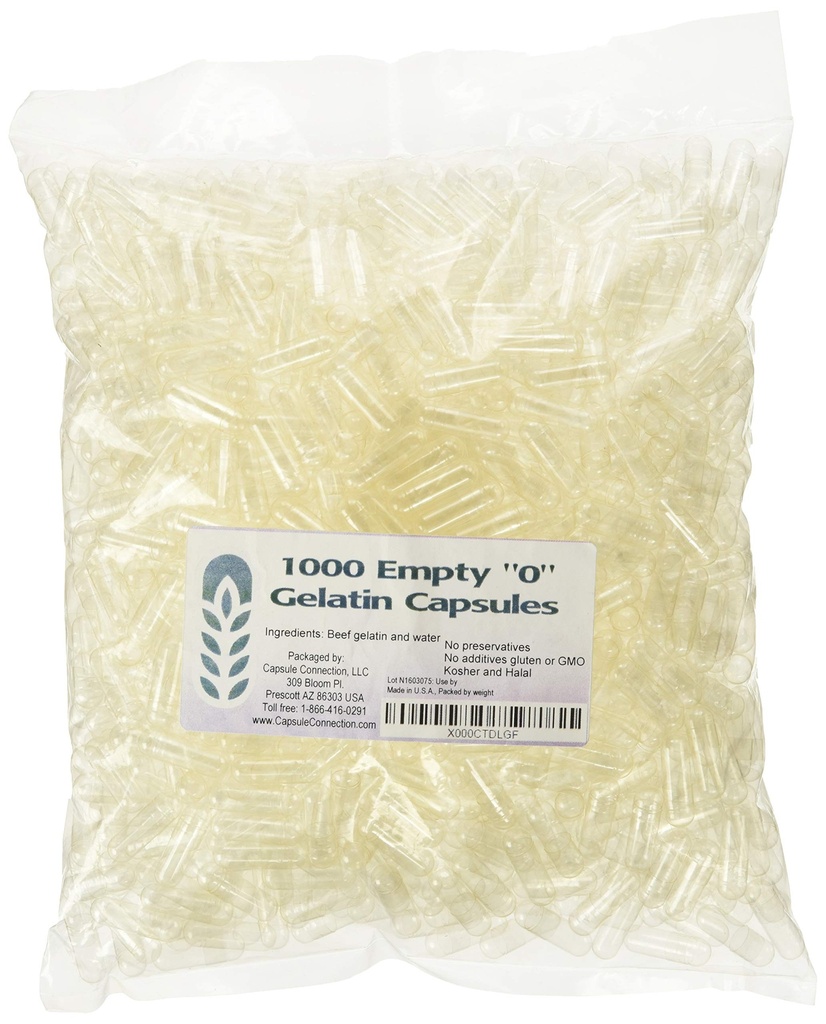 Capsule Connection 1000 Bulk "0" Boş Gelatin Capsules, ABD yapımı, resealable bag