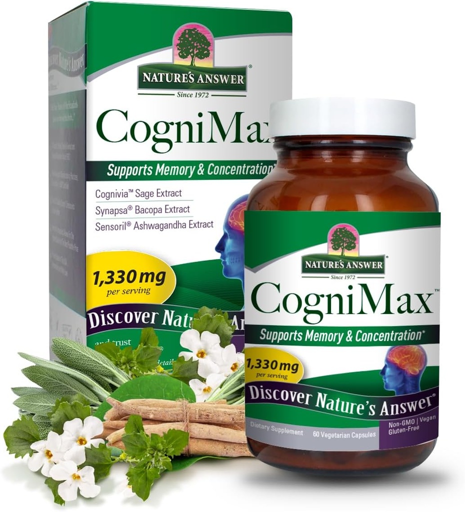Nature's Answer CogniMax 1330 mg Supplement 60-Capsules | Natural Memory, Concentration and Focus Support | Non-GMO, Vegan, Gluten Free | Single Count Count