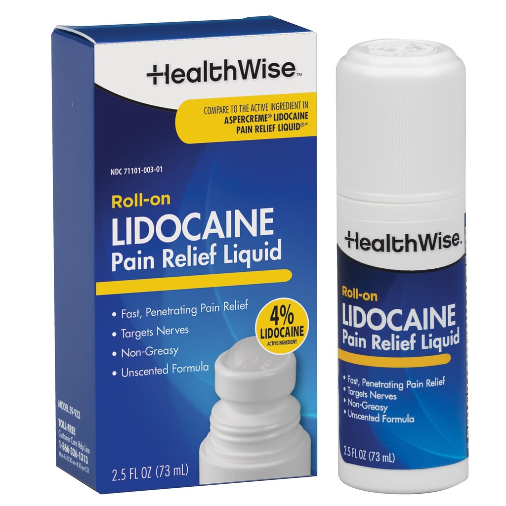 HealthWise 4% Lidoka-On | OTC Strength | Ağrı Yardımı Sıvı | 2.5 oz. 73 mL | Non-Greasy, Unscented Formula | Topical Anesthetic